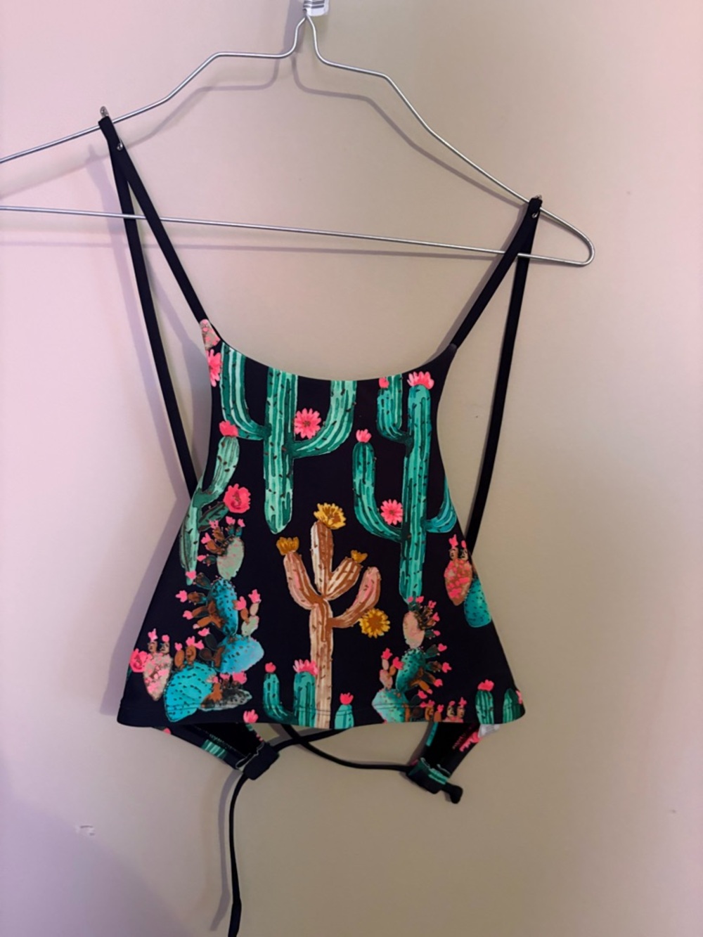 Cactus Print Strappy Swim Top - Black with Teal & Neon Accents